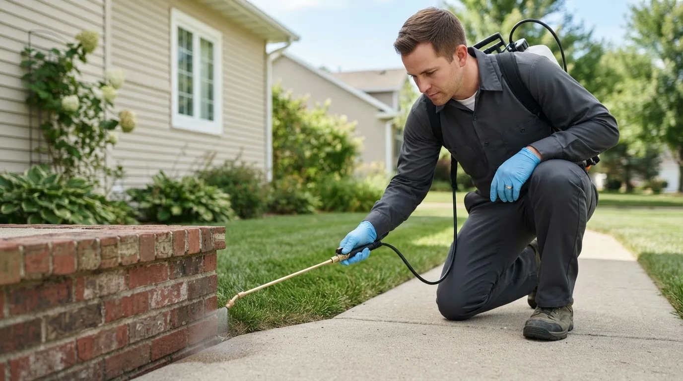 Pest control technician treating a home near Random Lake, WI
